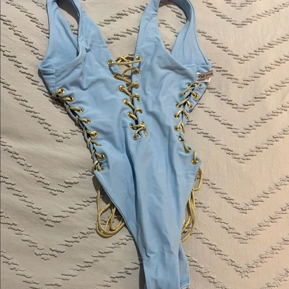 Luli Fama Light Blue One Piece Swimsuit with Gold Accents PURA CURIOSIDAD - Picture 2 of 8
